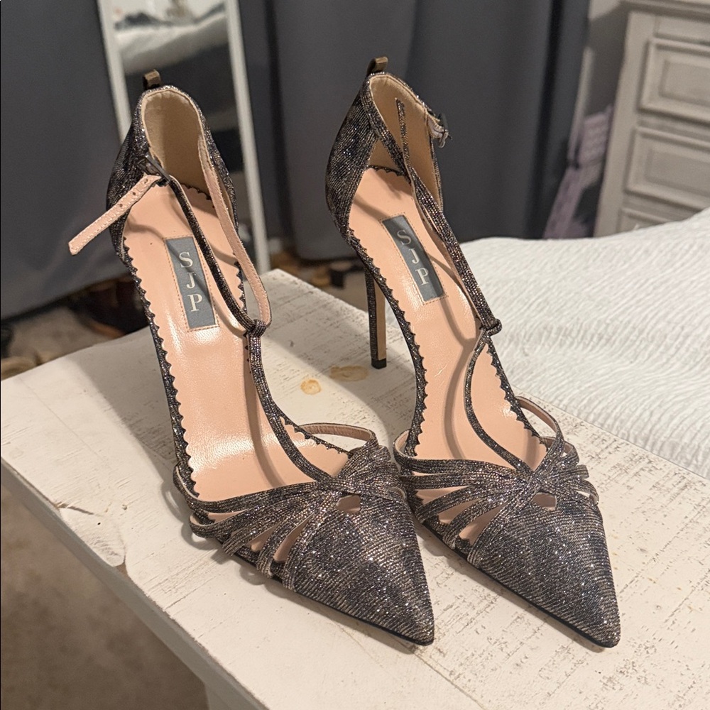 Glittery Black Heels with Ankle Strap, lightly Used